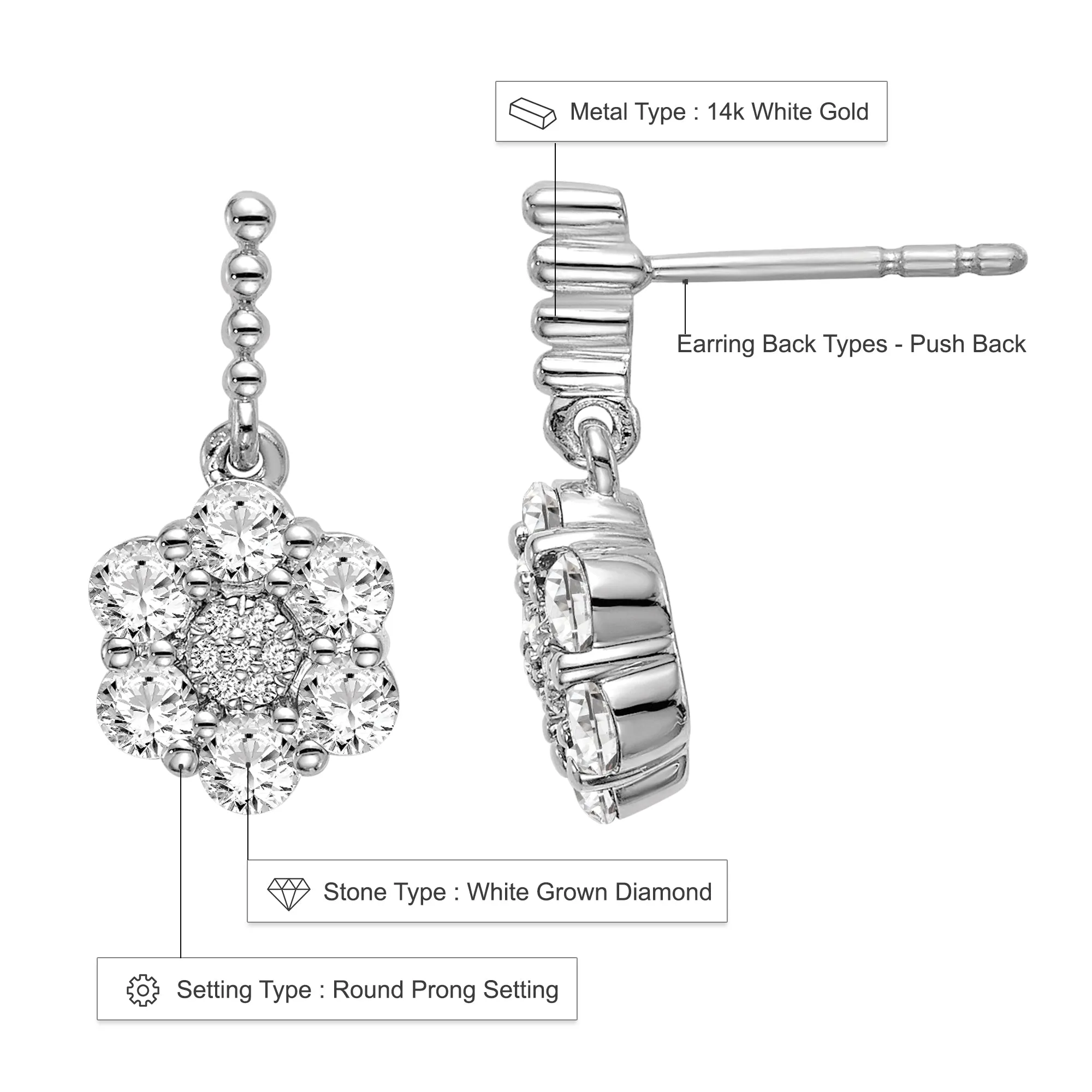 14K White Gold 0.88 ct Lab Grown Diamond Floral Dangle Earrings VS Clarity, G-H Color
