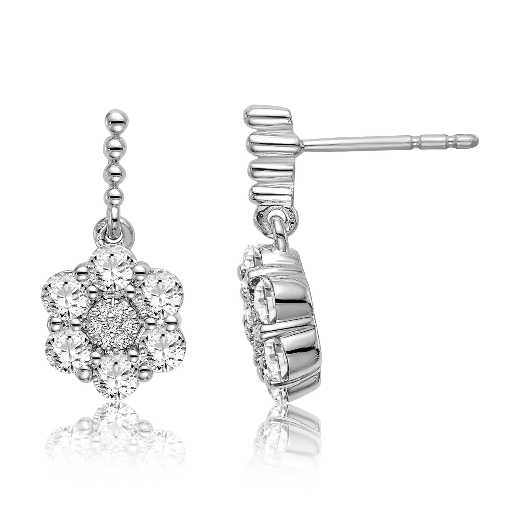14K White Gold 0.88 ct Lab Grown Diamond Floral Dangle Earrings VS Clarity, G-H Color