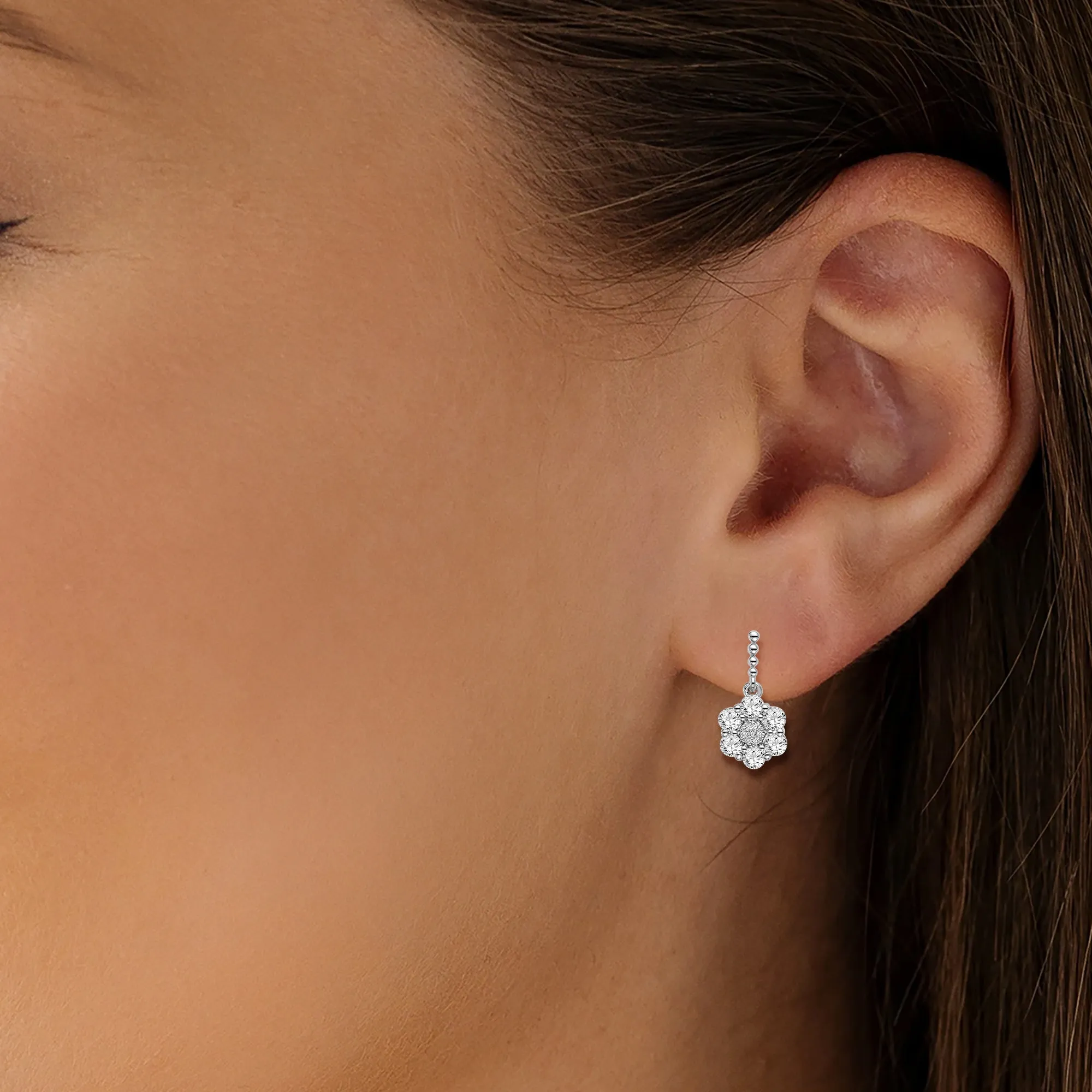 14K White Gold 0.88 ct Lab Grown Diamond Floral Dangle Earrings VS Clarity, G-H Color