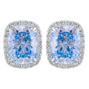 14k White Gold Vivid Blue 5.50 Ct Lab-Grown Diamond Halo Stud Earrings