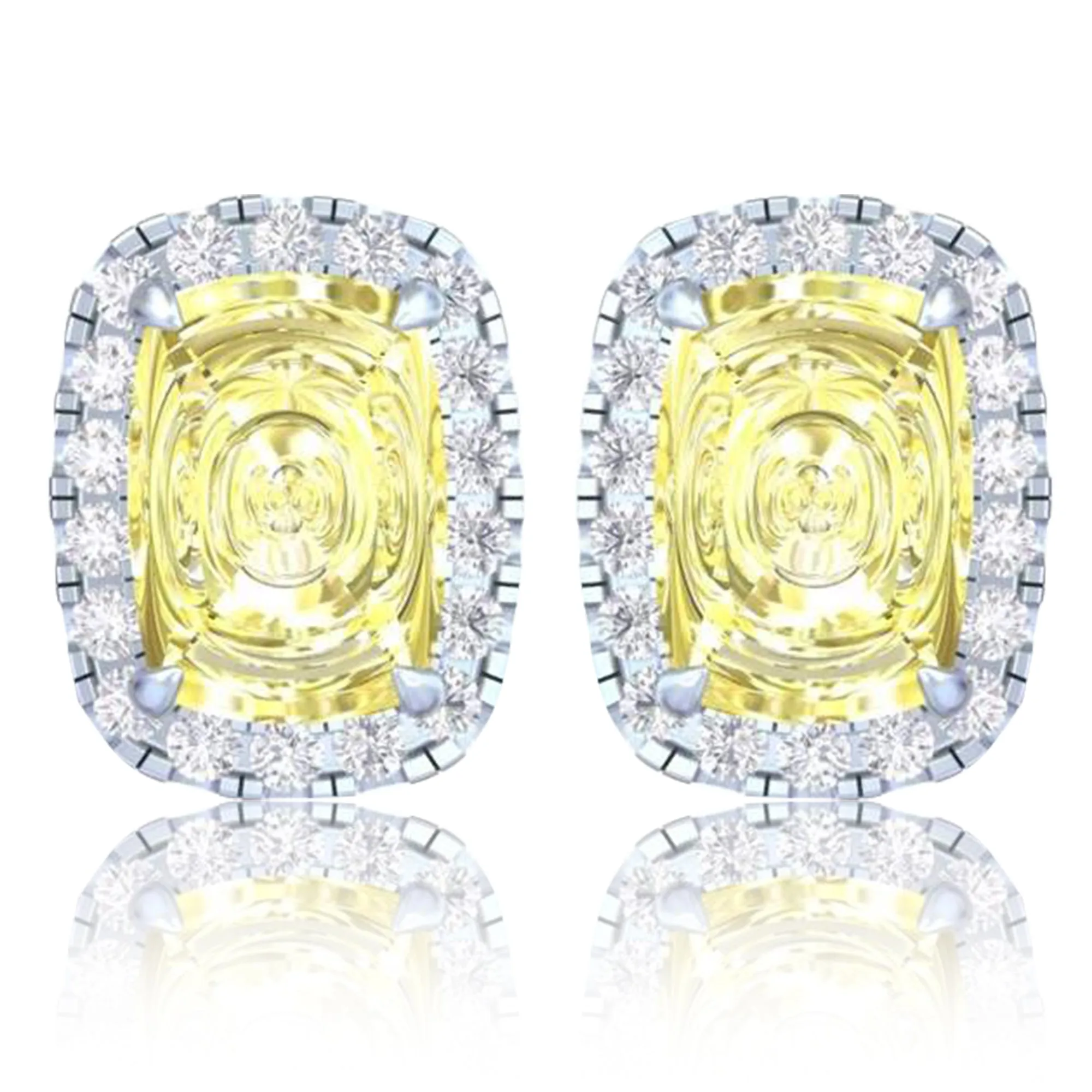 14k White Gold Vivid Yellow Cushion Cut 4.30 Ct Lab-Grown Diamond Halo Stud Earrings