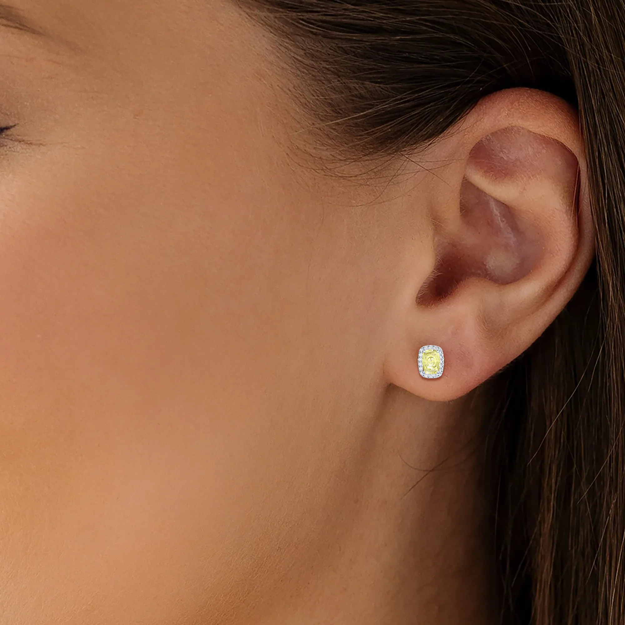 14k White Gold Vivid Yellow Cushion Cut 4.30 Ct Lab-Grown Diamond Halo Stud Earrings