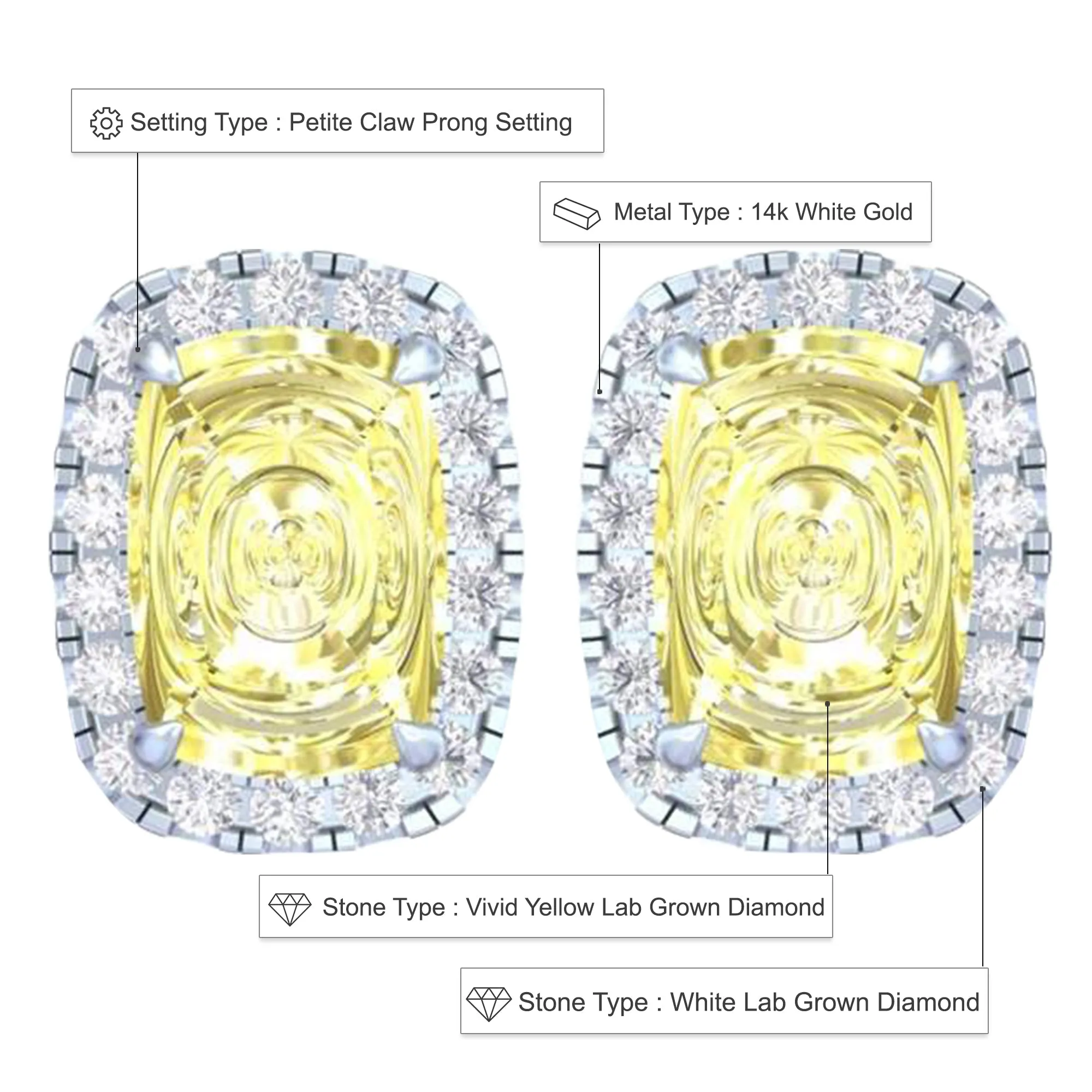 14k White Gold Vivid Yellow Cushion Cut 4.30 Ct Lab-Grown Diamond Halo Stud Earrings