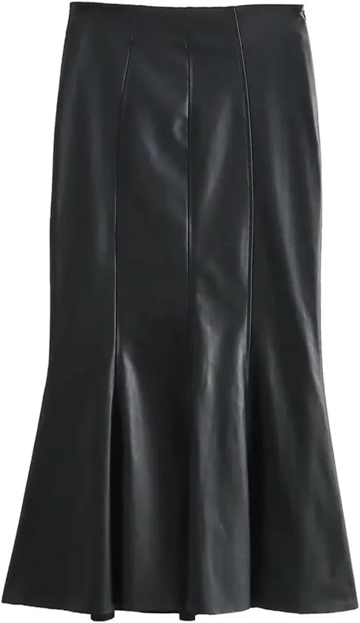 2023 Vintage Black Imitation Leather Skirts Women Midi Mid-Calf Skirts Windbreak Zipper Skirt