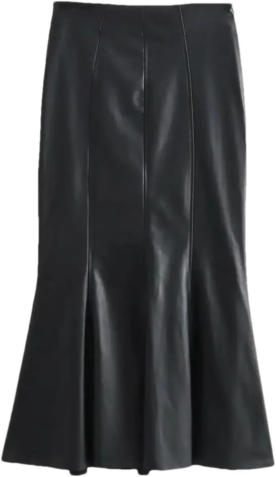 2023 Vintage Black Imitation Leather Skirts Women Midi Mid-Calf Skirts Windbreak Zipper Skirt
