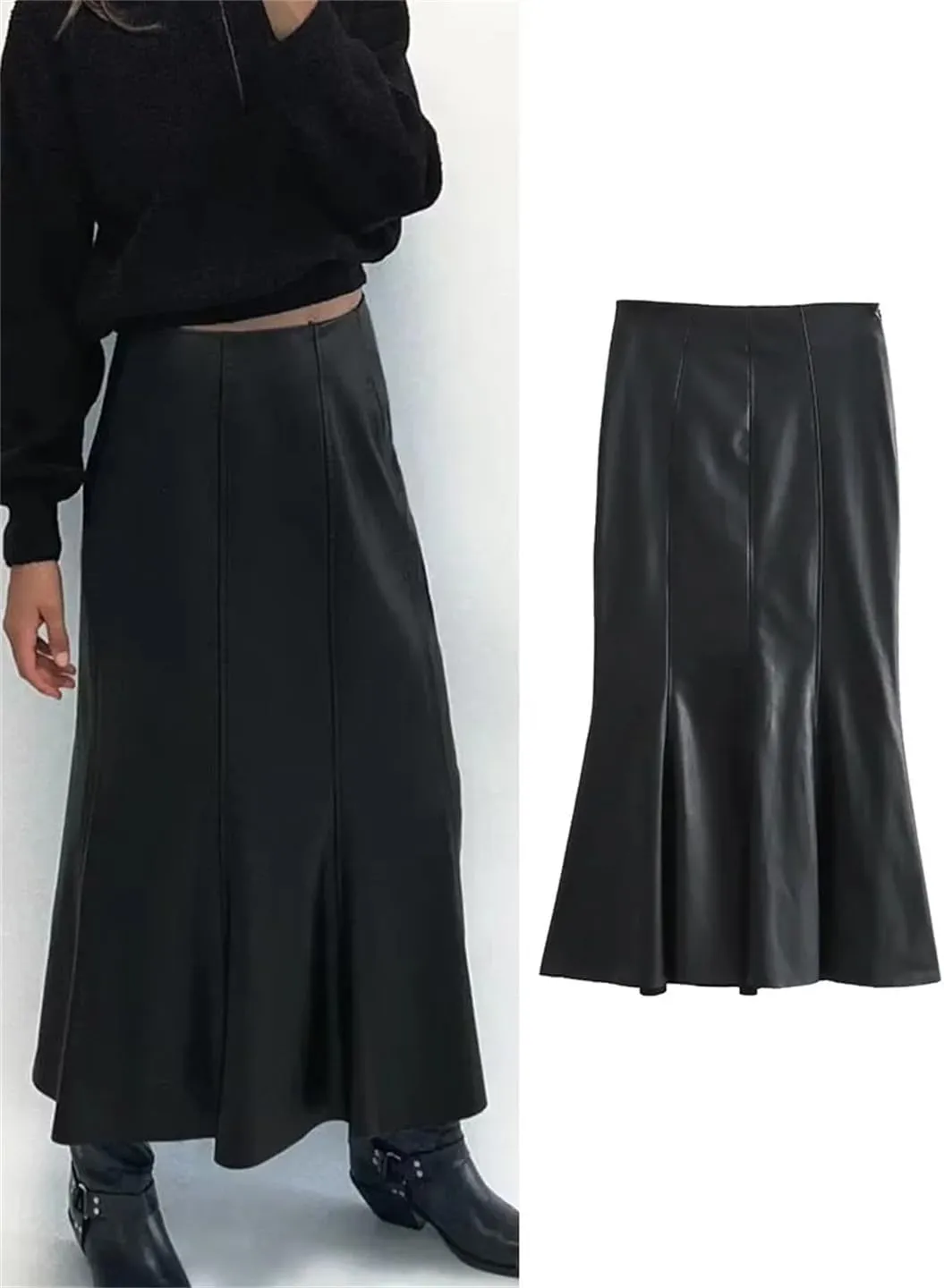 2023 Vintage Black Imitation Leather Skirts Women Midi Mid-Calf Skirts Windbreak Zipper Skirt