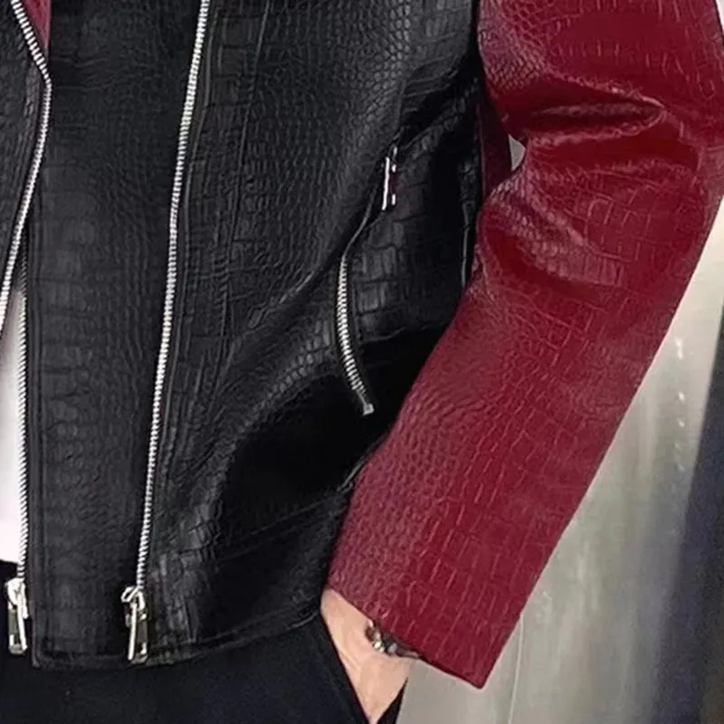 Aidase Fall Men Contrast Color Stitching Faux Leather Jackets Clothing Casual Social Faux Leather Jacket  Winter Coat Men Zipper Jacket