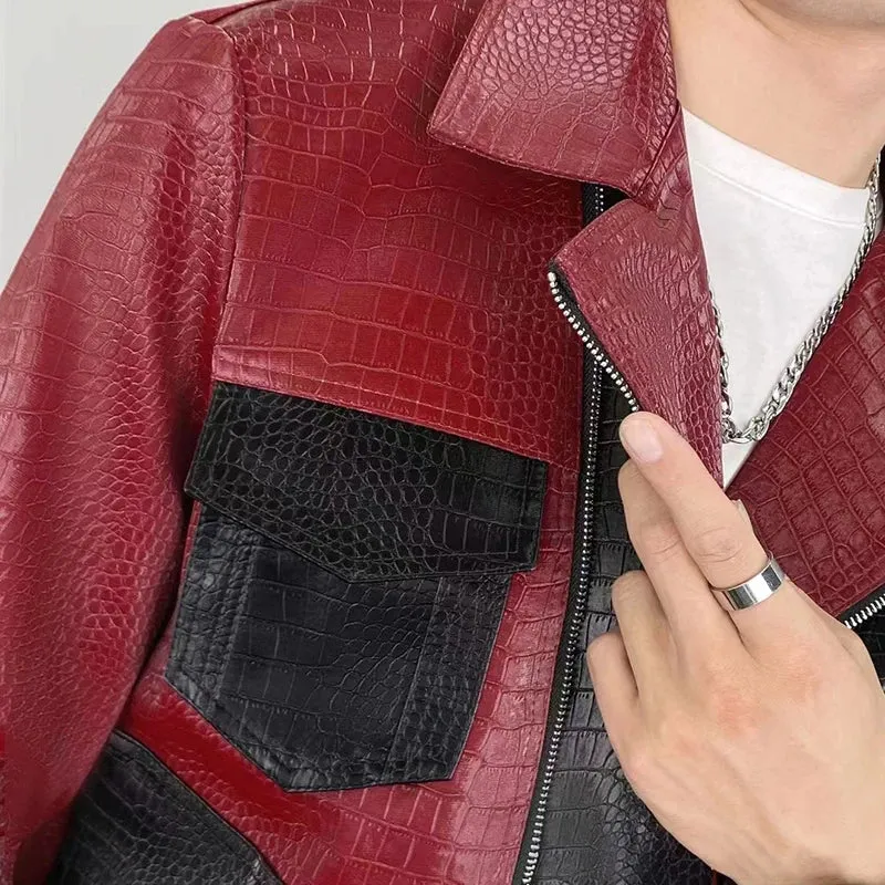 Aidase Fall Men Contrast Color Stitching Faux Leather Jackets Clothing Casual Social Faux Leather Jacket  Winter Coat Men Zipper Jacket
