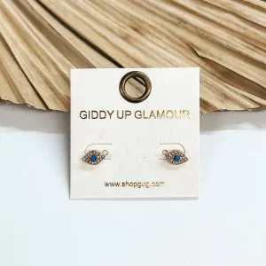 CZ Crystal Evil Eye Studs in Blue and Gold Tone