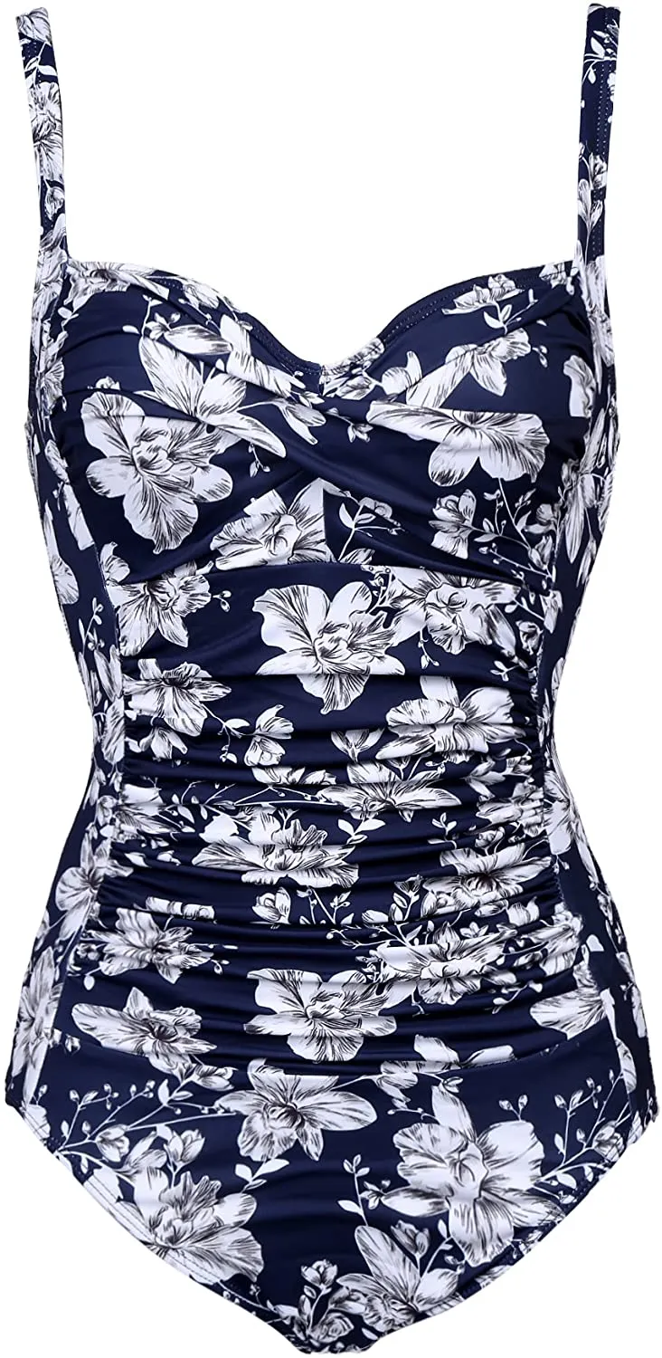 Elegant Port City Flower White Tummy Control One Piece Swimwear