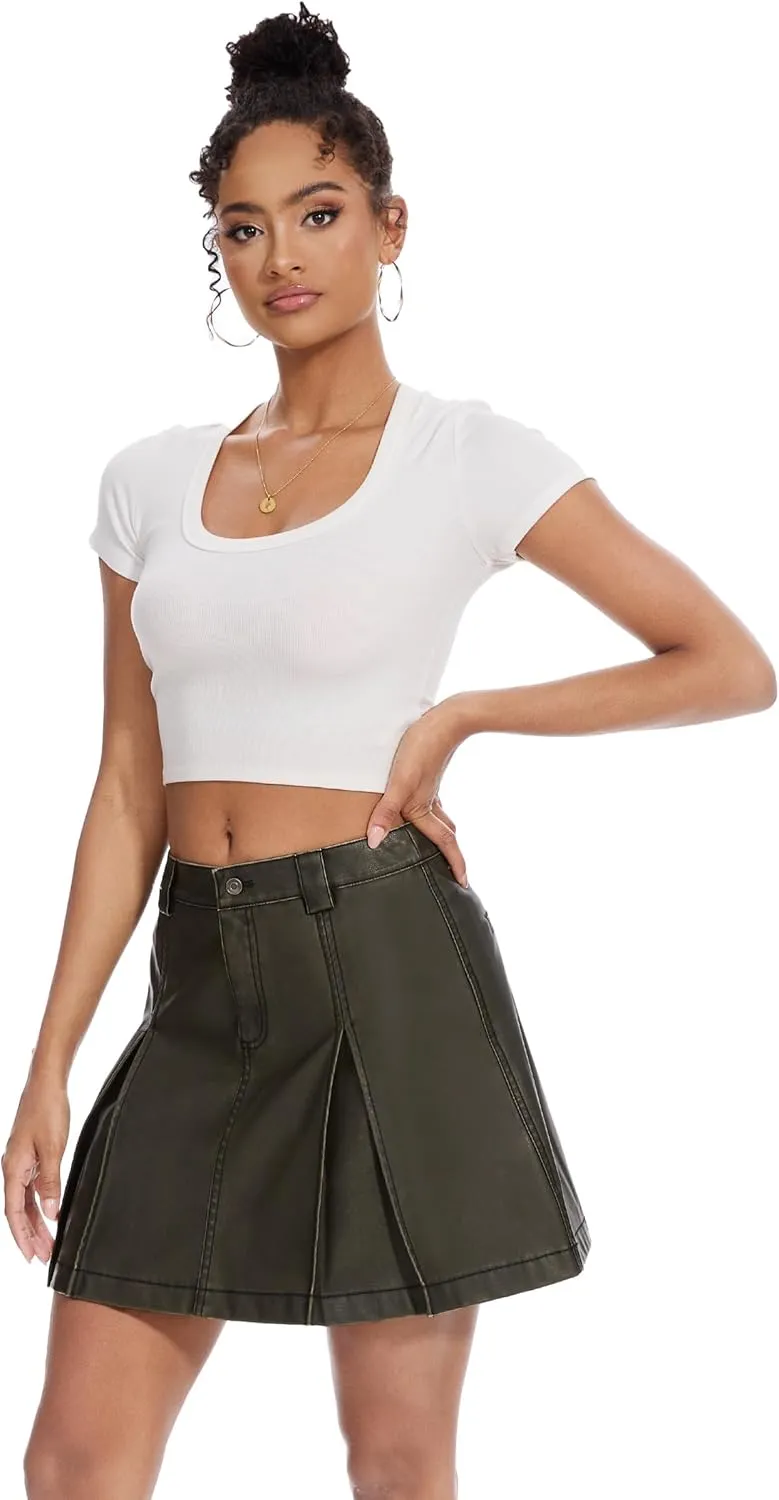 Fahsyee Black Leather Skirt for Women, Faux Mini Skirts with Pleated, A Line High Waisted for Date Concert Club Outfits