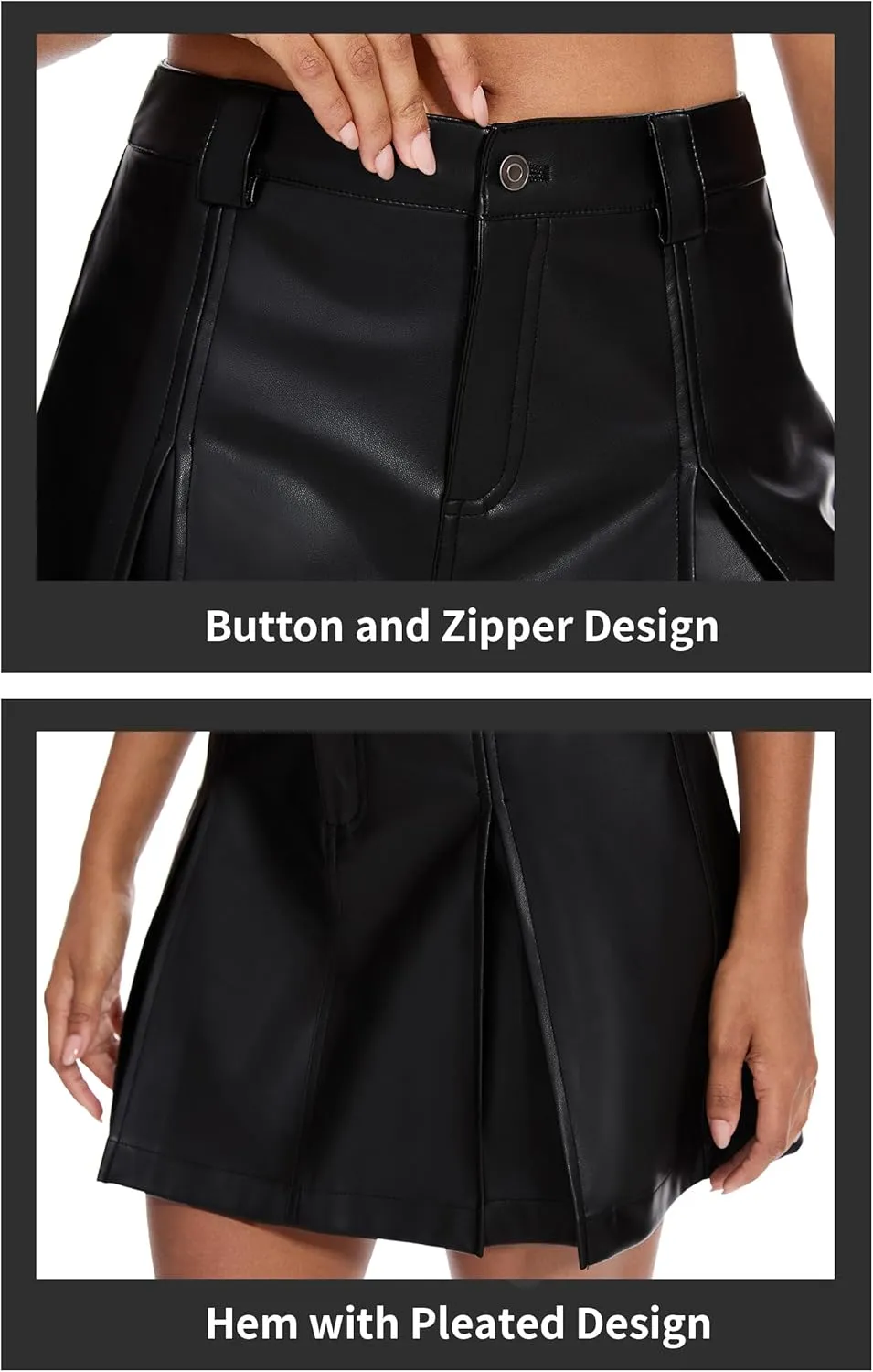 Fahsyee Black Leather Skirt for Women, Faux Mini Skirts with Pleated, A Line High Waisted for Date Concert Club Outfits