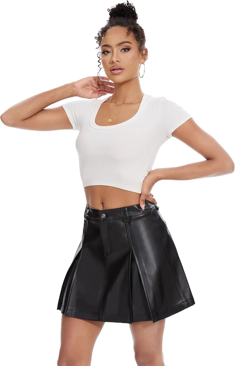 Fahsyee Black Leather Skirt for Women, Faux Mini Skirts with Pleated, A Line High Waisted for Date Concert Club Outfits