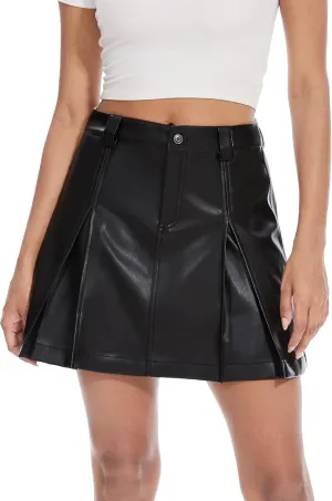 Fahsyee Black Leather Skirt for Women, Faux Mini Skirts with Pleated, A Line High Waisted for Date Concert Club Outfits