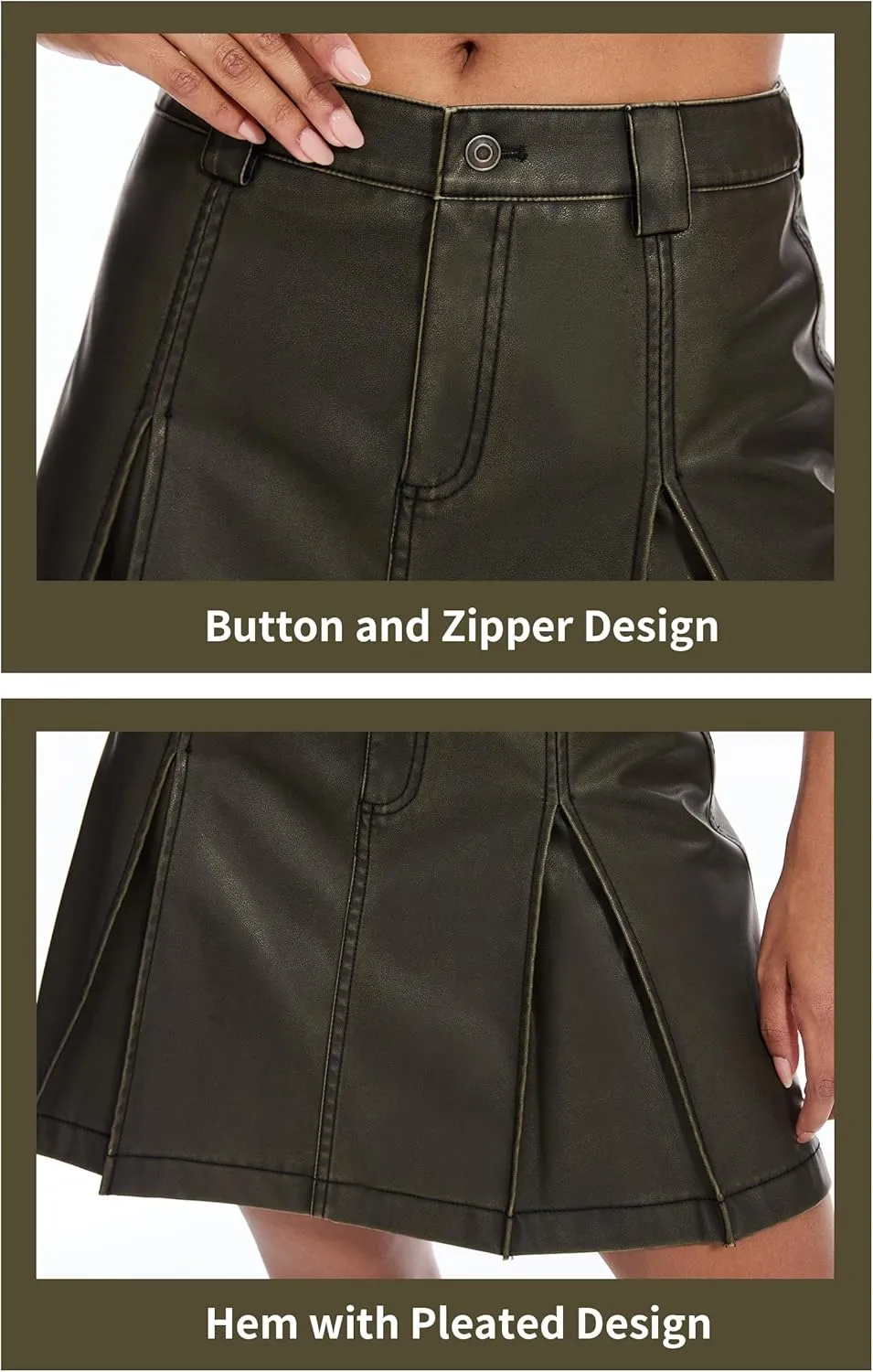 Fahsyee Black Leather Skirt for Women, Faux Mini Skirts with Pleated, A Line High Waisted for Date Concert Club Outfits