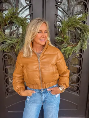 Faux Leather Cropped Camel Puffer Jacket