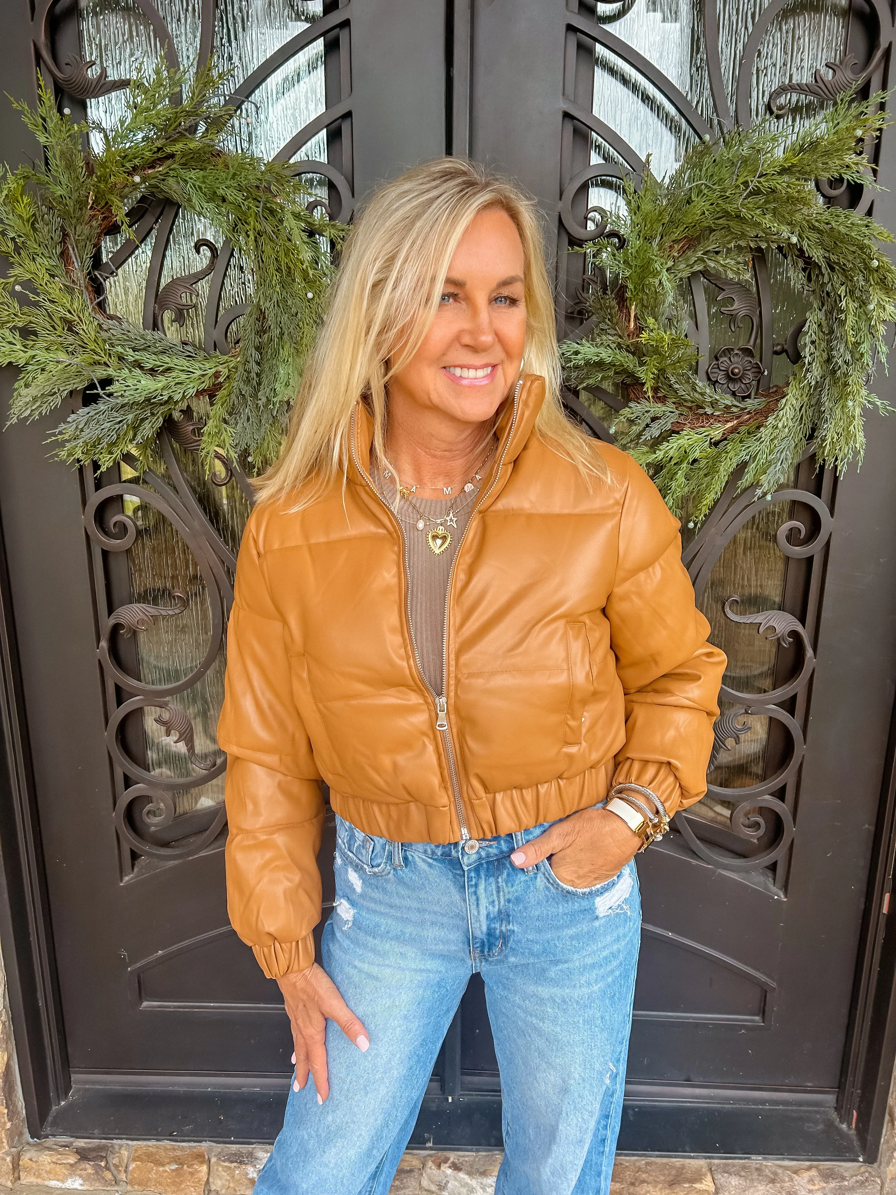 Faux Leather Cropped Camel Puffer Jacket