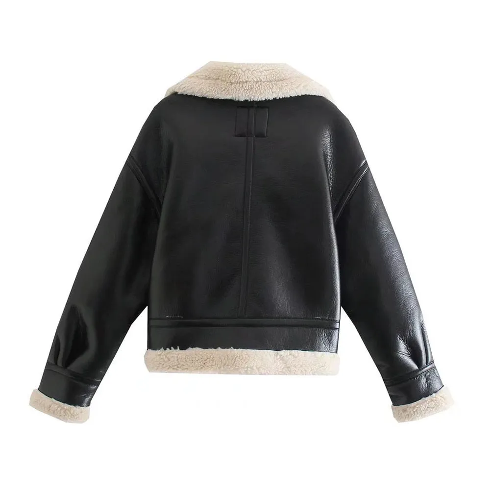 FAUX LEATHER JACKET WITH FAUX SHEARLING