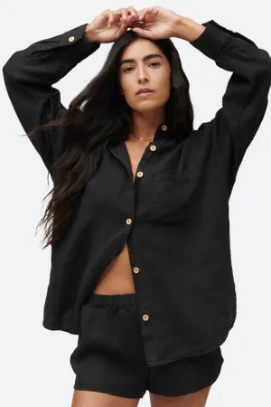 Jet Black Linen Long Sleeve Shirt