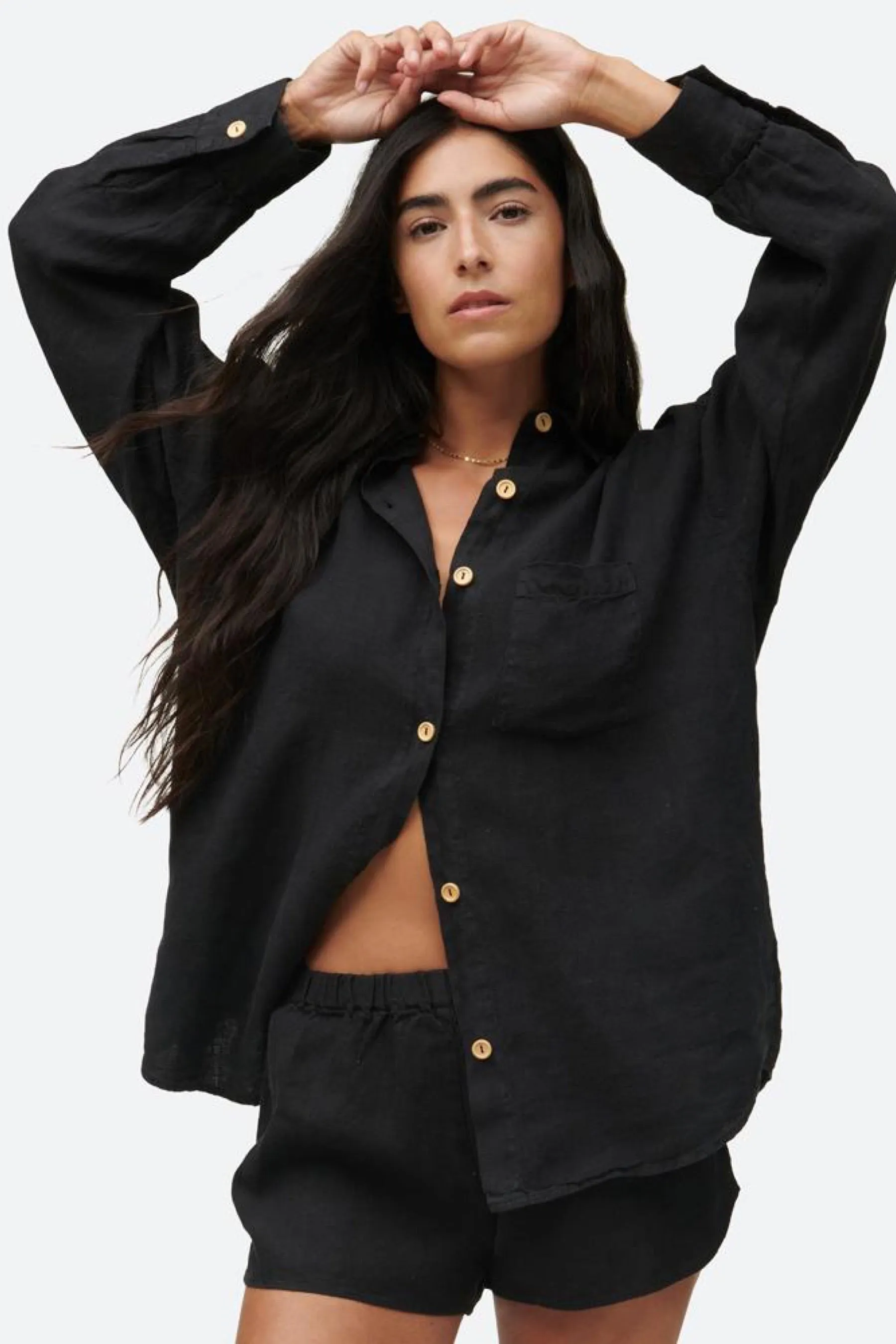 Jet Black Linen Long Sleeve Shirt