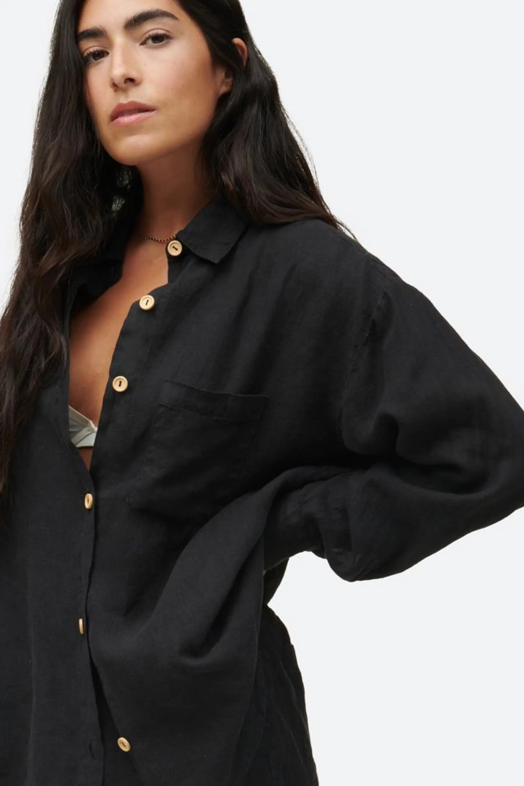 Jet Black Linen Long Sleeve Shirt