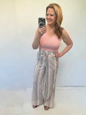 Linen Pants in Pink & Tan Stripes