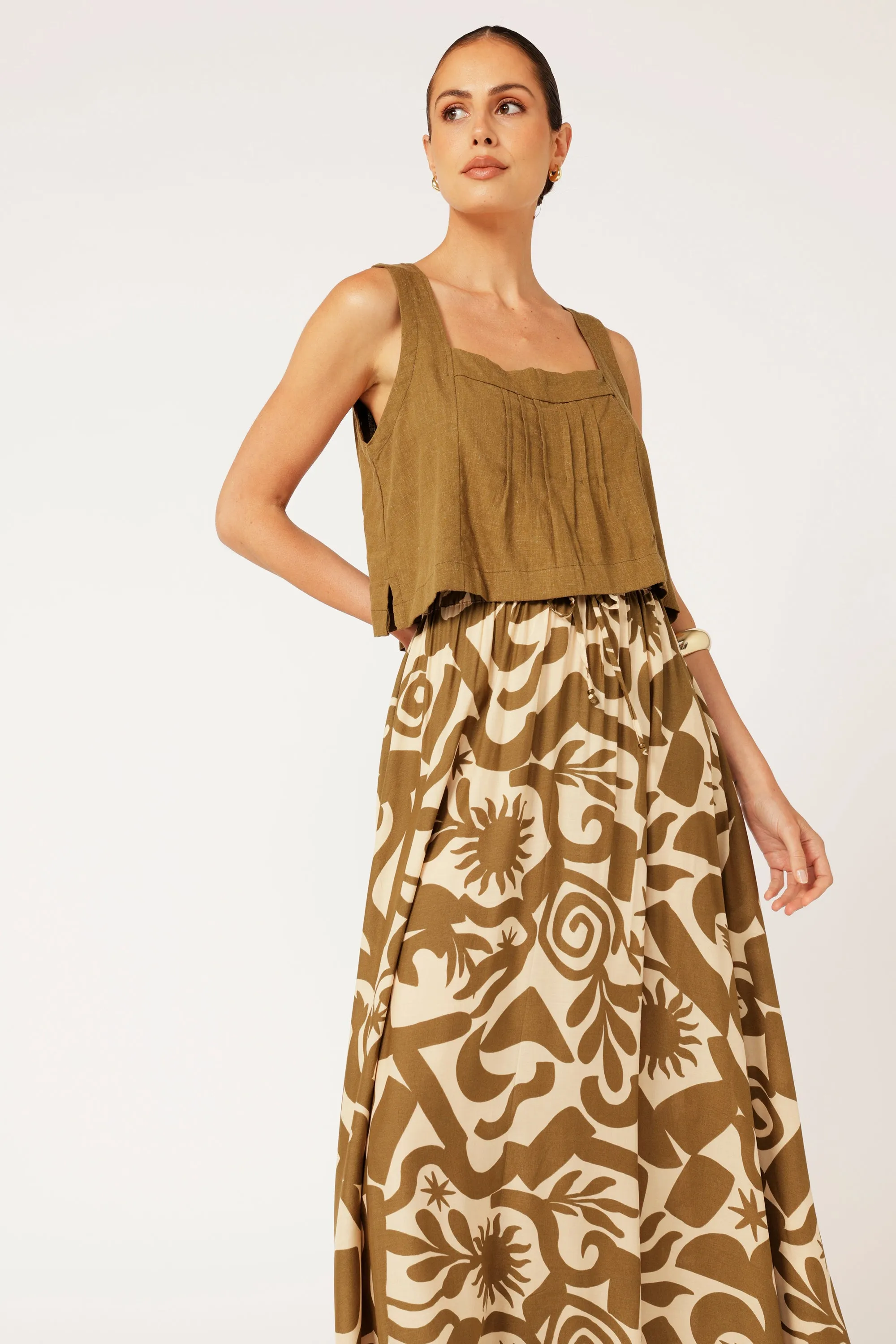 Lotus Tank Cropped | Khaki | Viscose Linen