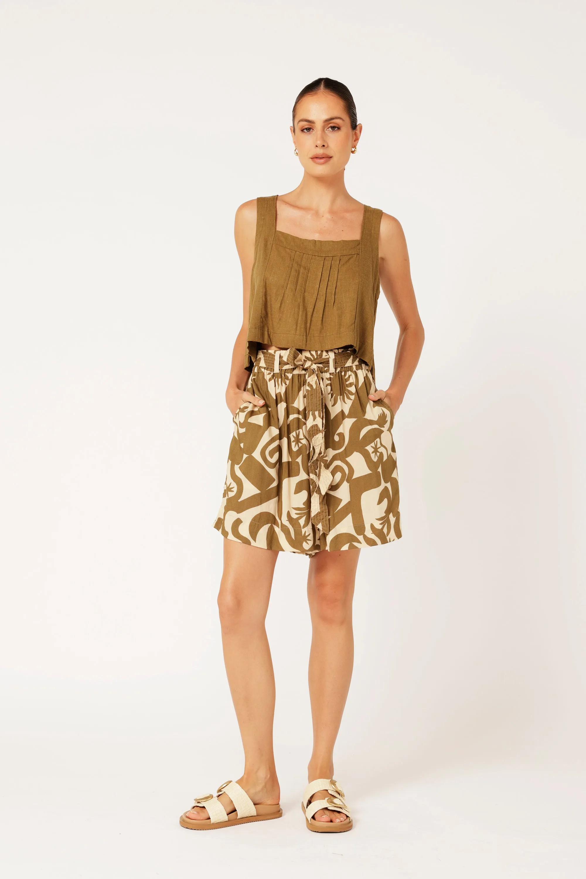Lotus Tank Cropped | Khaki | Viscose Linen