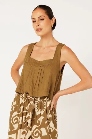 Lotus Tank Cropped | Khaki | Viscose Linen