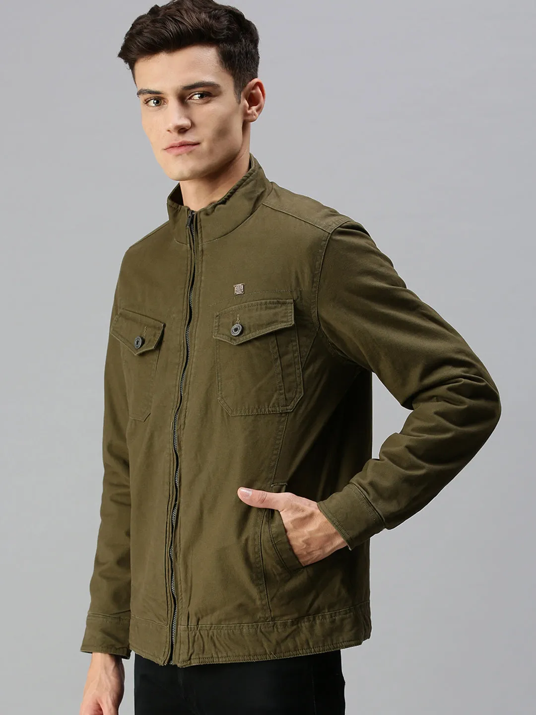 Men Olive Green Biker Jacket