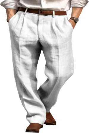 Men's Cotton Linen Baggy Beach Pants Breathable Casual Vacation Trousers Solid Straight Leg Summer Sweatpants