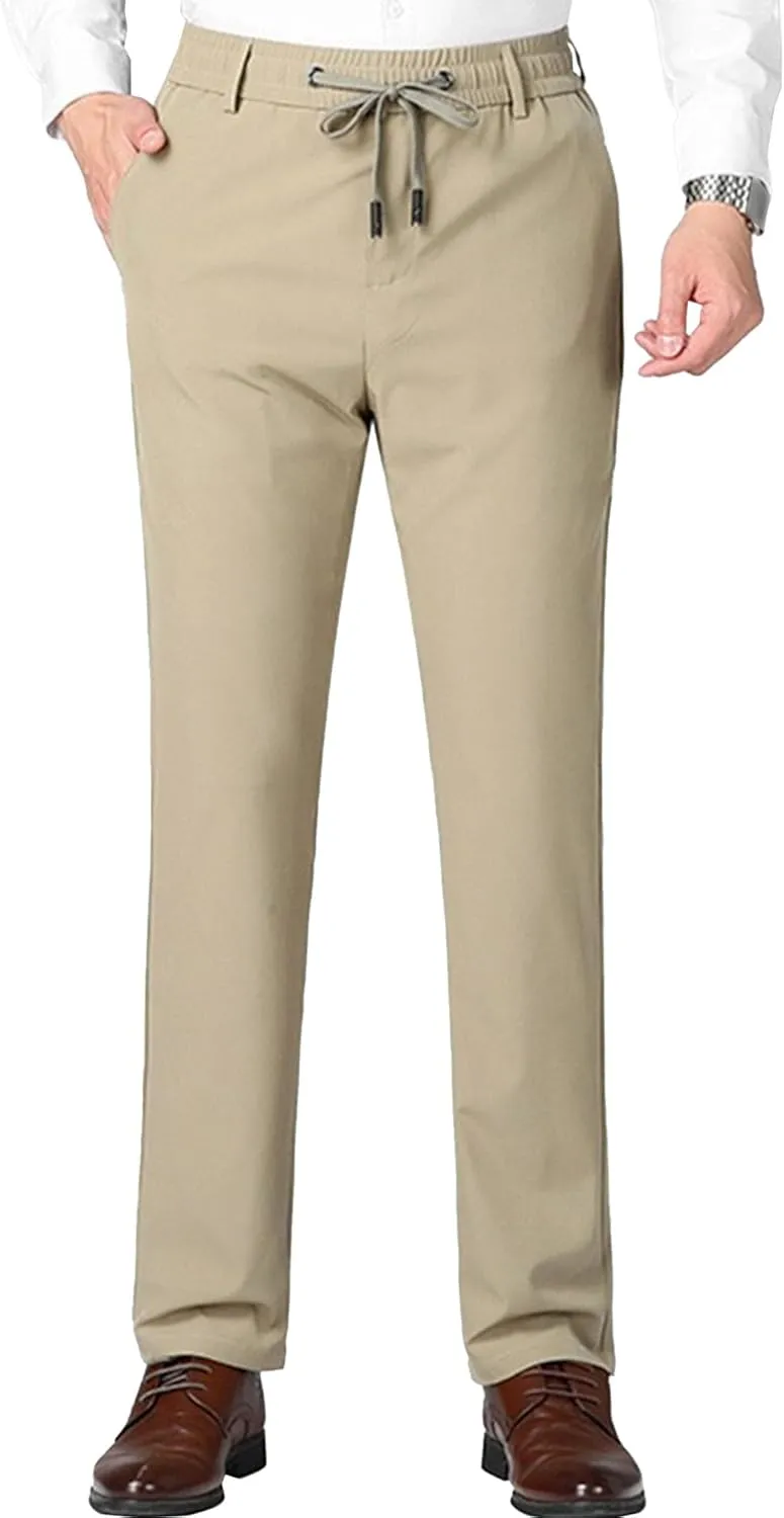 Men's Stretch Casual Straight Leg Dress Pants Drawstring Elastic Waist Solid Trousers Quick Dry Summer Outdoor Pants
