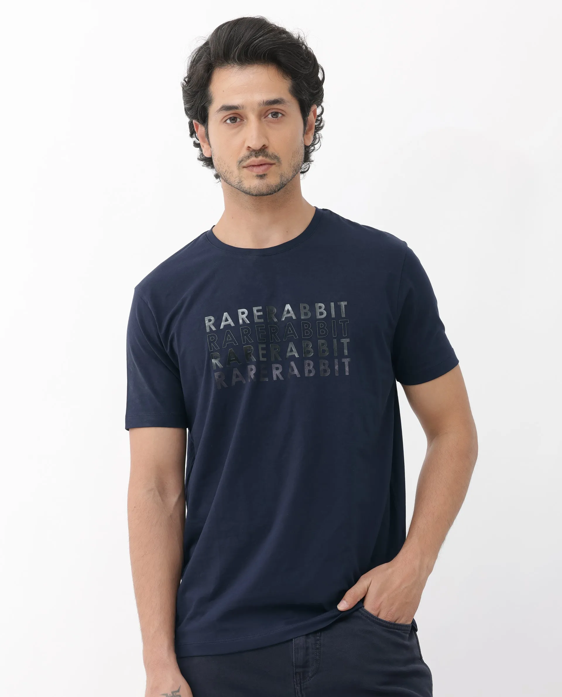 Rare Rabbit Men's Callum Navy Cotton Lycra Fabric Half Sleeves Graphic Statement Print T-Shirt