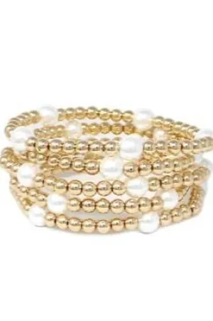 Set of 5 Gold Beaded and Pearl Stretch Bracelets