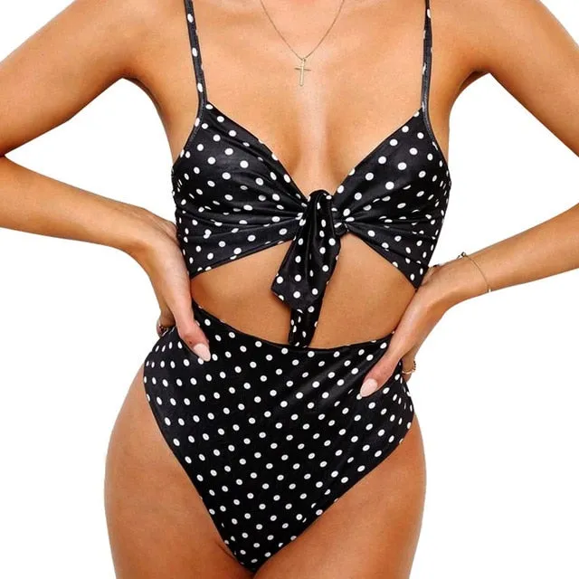 Sexy Retro Dot Front Knot Tie Trikini Cut Out High Waist Swim  Suit