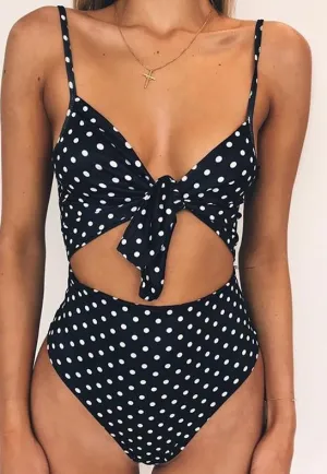 Sexy Retro Dot Front Knot Tie Trikini Cut Out High Waist Swim  Suit