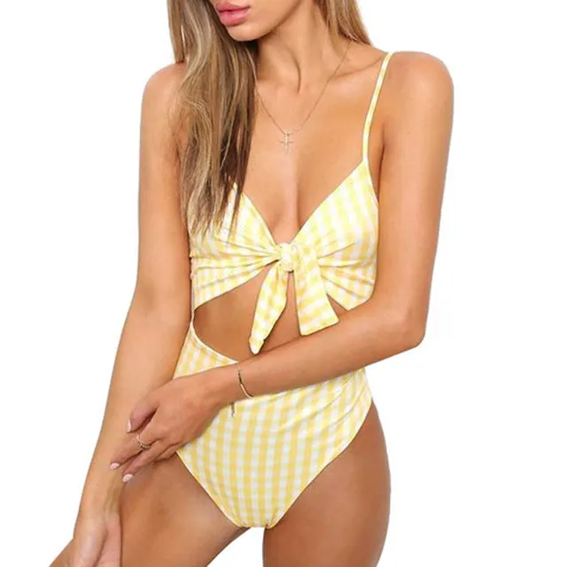 Sexy Retro Dot Front Knot Tie Trikini Cut Out High Waist Swim  Suit