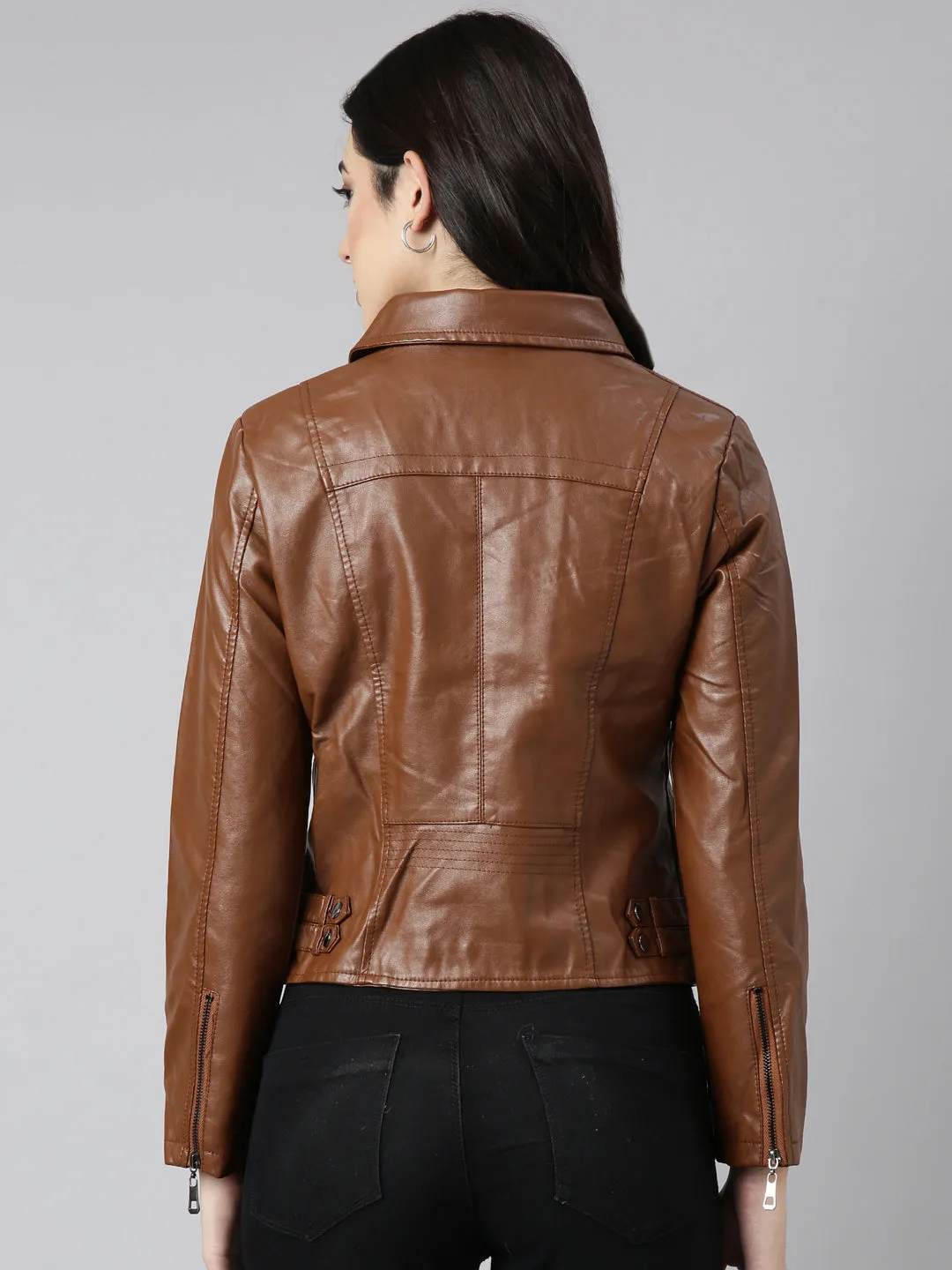 Women Brown Lapel Collar Crop Biker Jacket