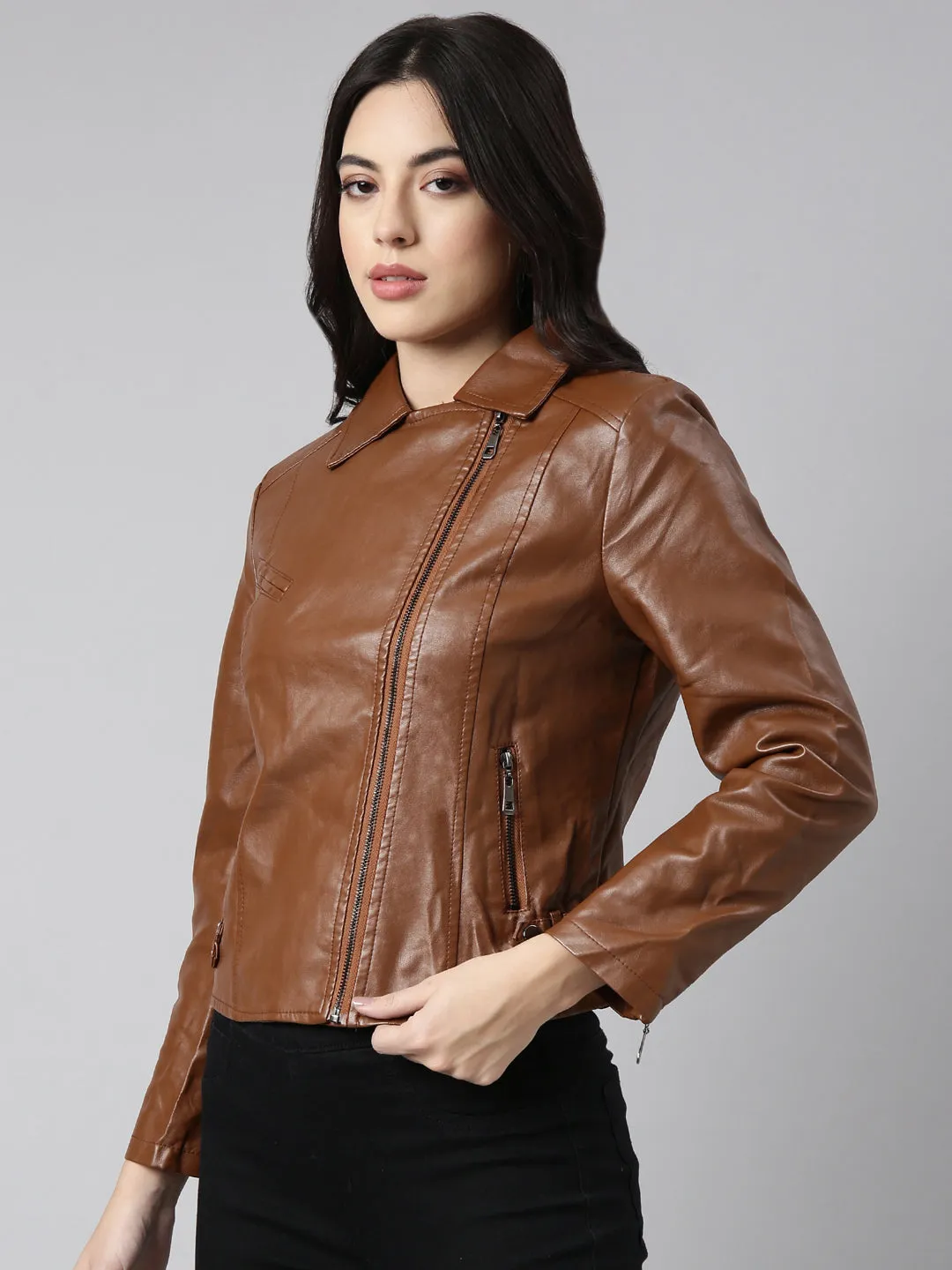 Women Brown Lapel Collar Crop Biker Jacket