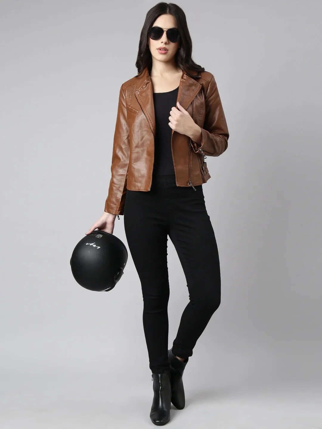Women Brown Lapel Collar Crop Biker Jacket