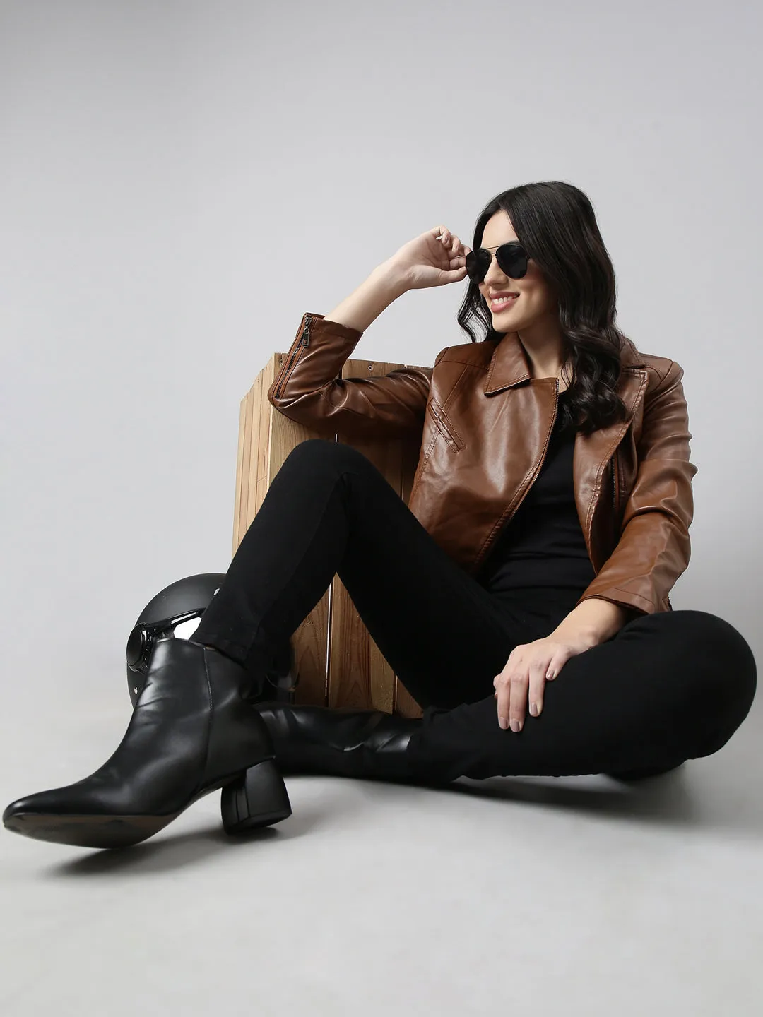 Women Brown Lapel Collar Crop Biker Jacket