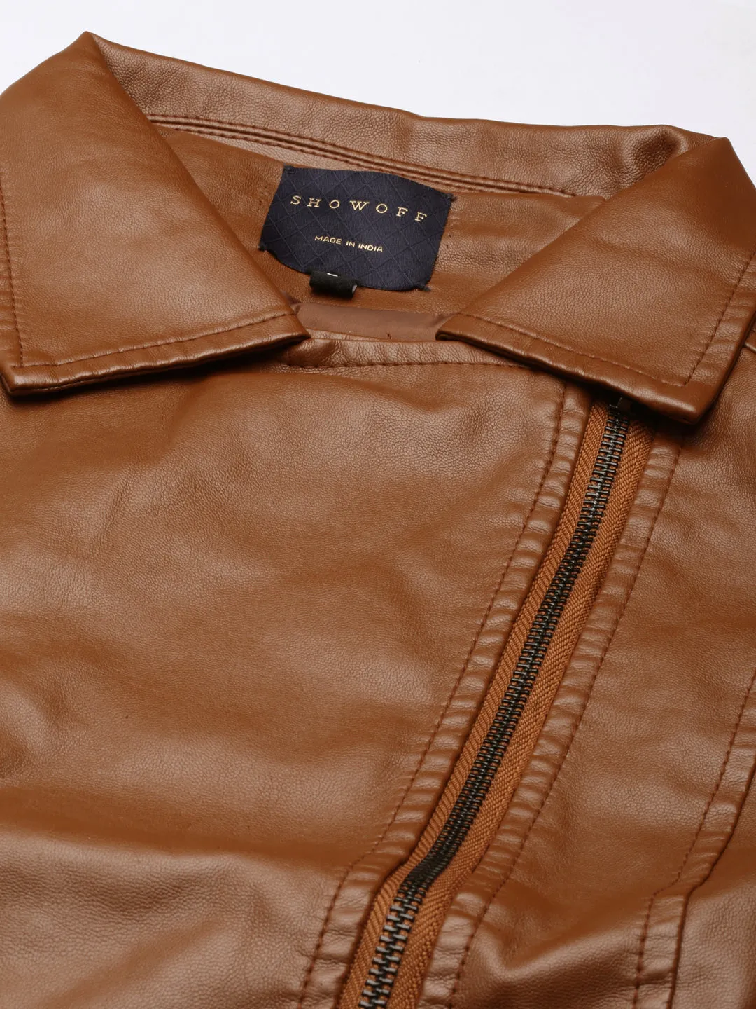 Women Brown Lapel Collar Crop Biker Jacket