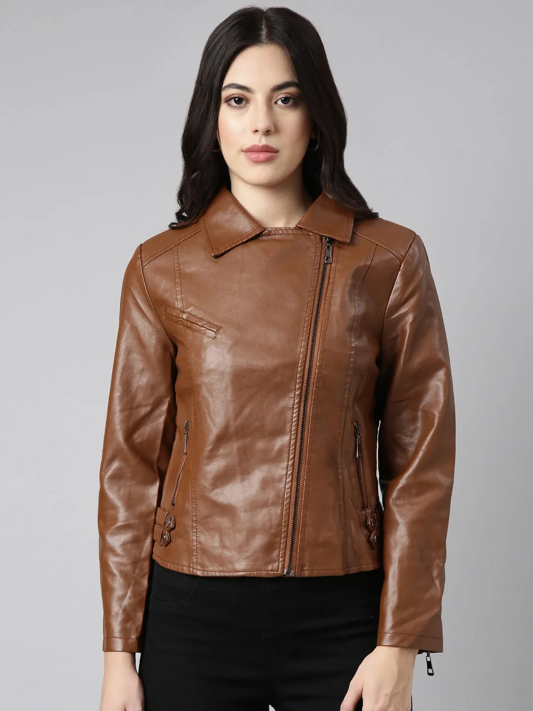 Women Brown Lapel Collar Crop Biker Jacket
