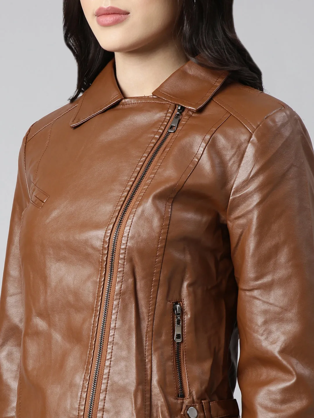 Women Brown Lapel Collar Crop Biker Jacket