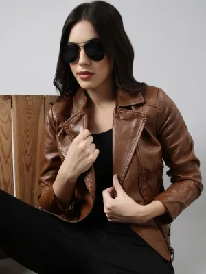 Women Brown Lapel Collar Crop Biker Jacket