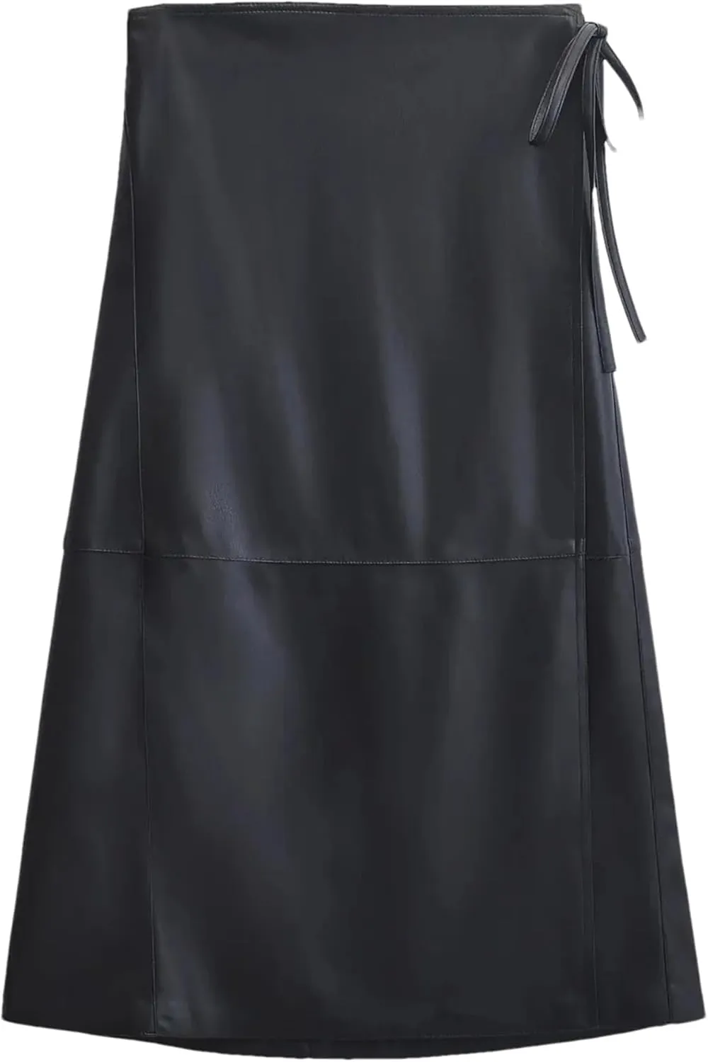 Women's Fashion Faux Leather Midi Skirt Retro High Waist Wrap Belt Tie Skirt